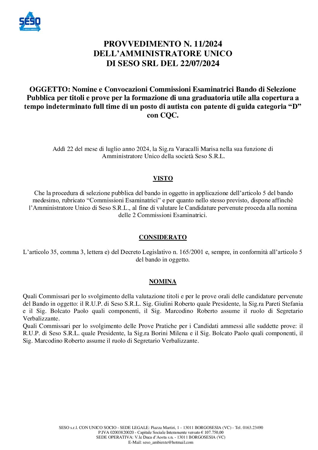 Nomina e Convocazioni Commissioni concoro selezione Autista patente D con CQC